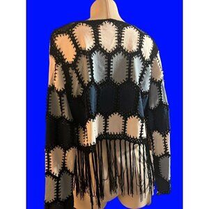 nwt fringed croucheted blouse by adore denim blues black fringes unique dressy l